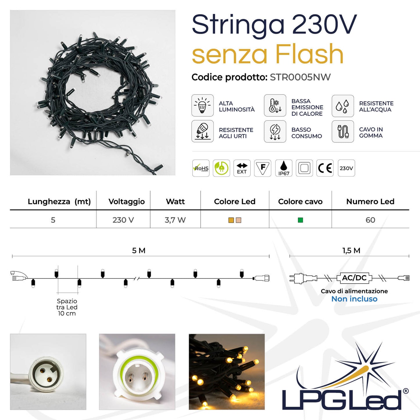 Stringa 5m 230V senza flash | cavo verde | catena 60 led