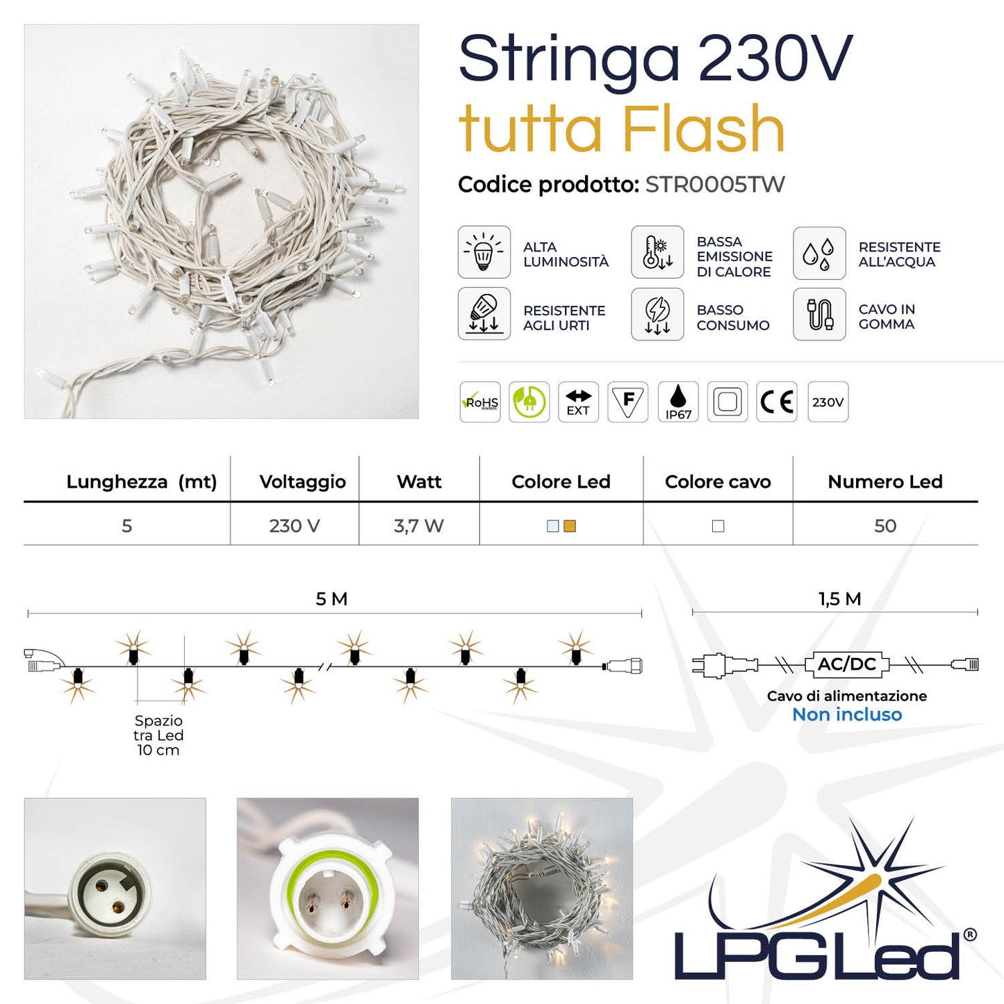 Stringa 5m 230V tutta flash | cavo bianco | catena 50 led flash