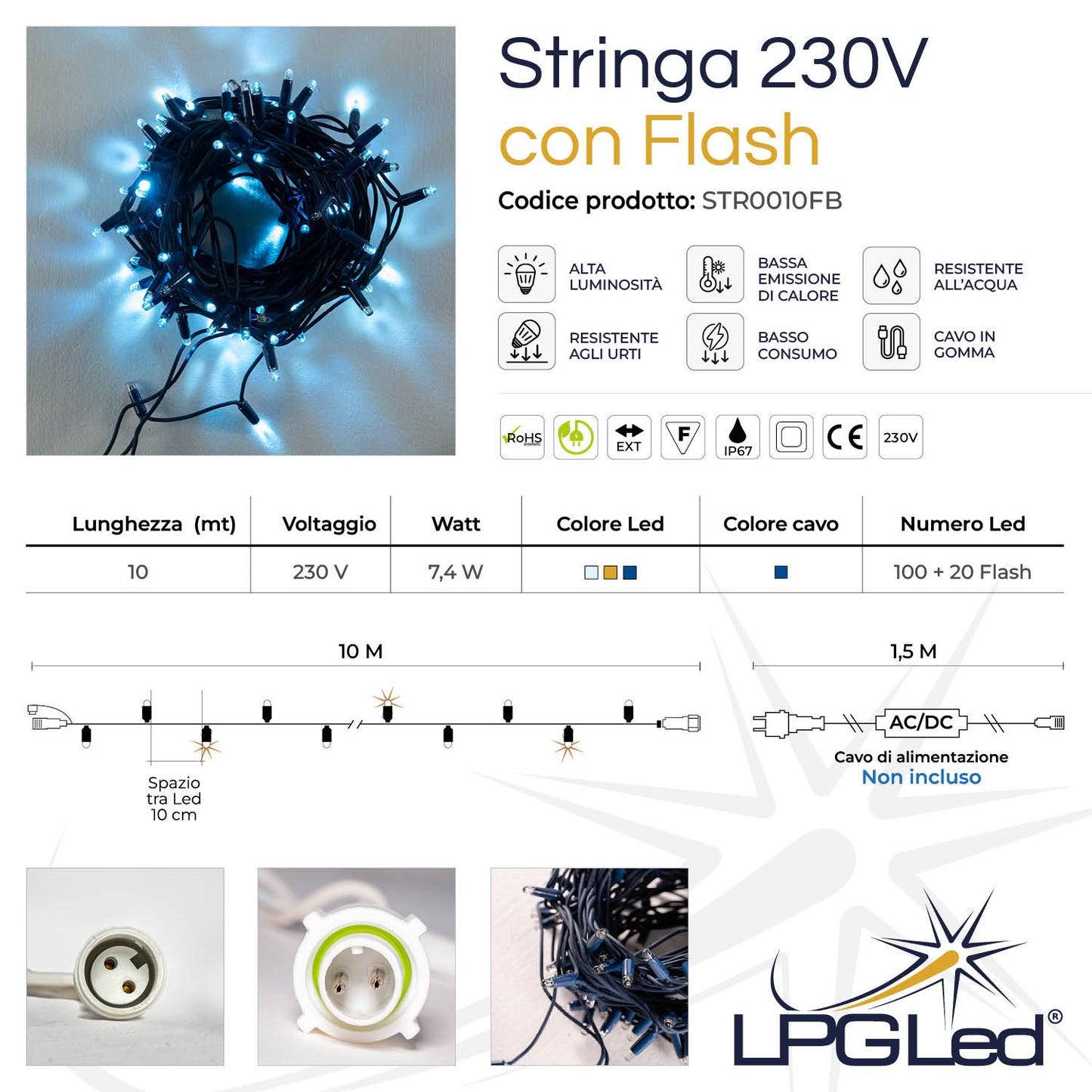 Stringa 10m 230V con flash | cavo blu | catena 120 led (20 flash)