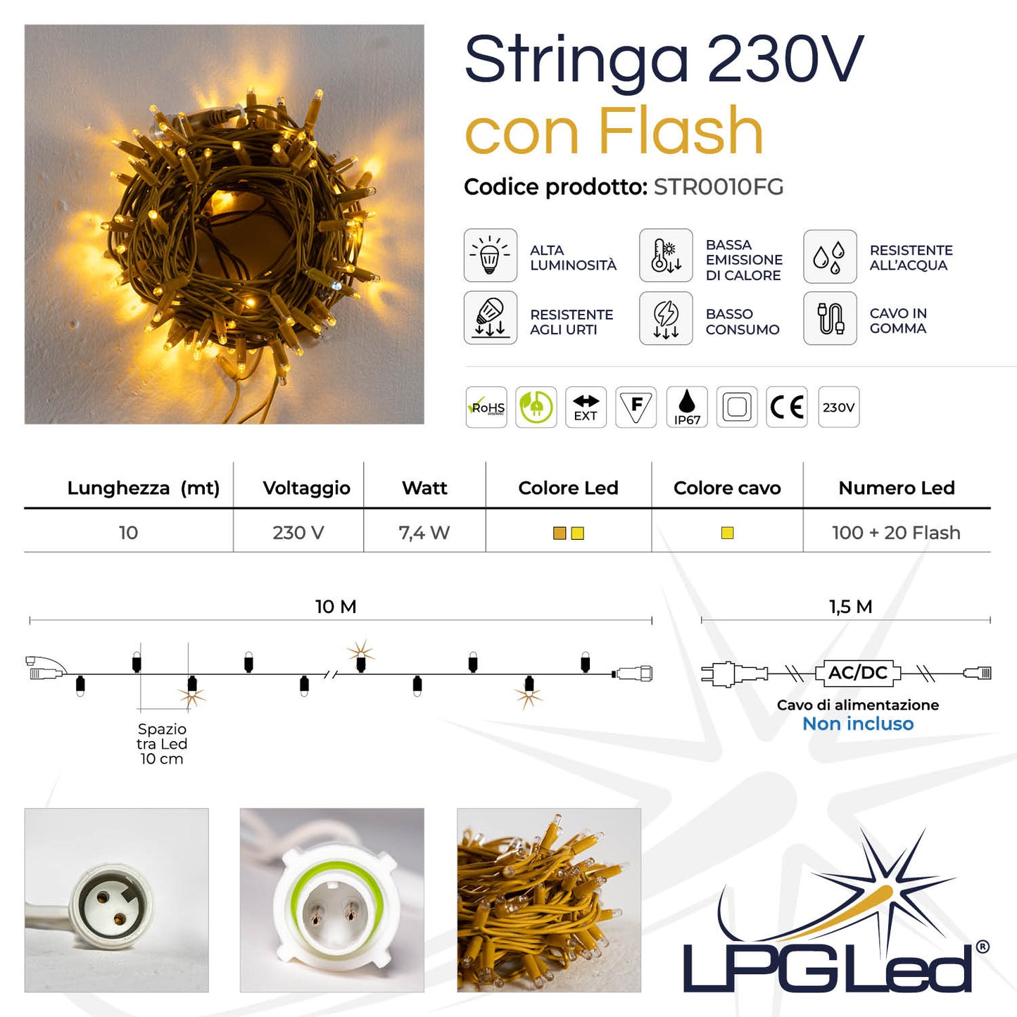 Stringa 10m 230V con flash | cavo giallo | catena 120 led (20 flash)
