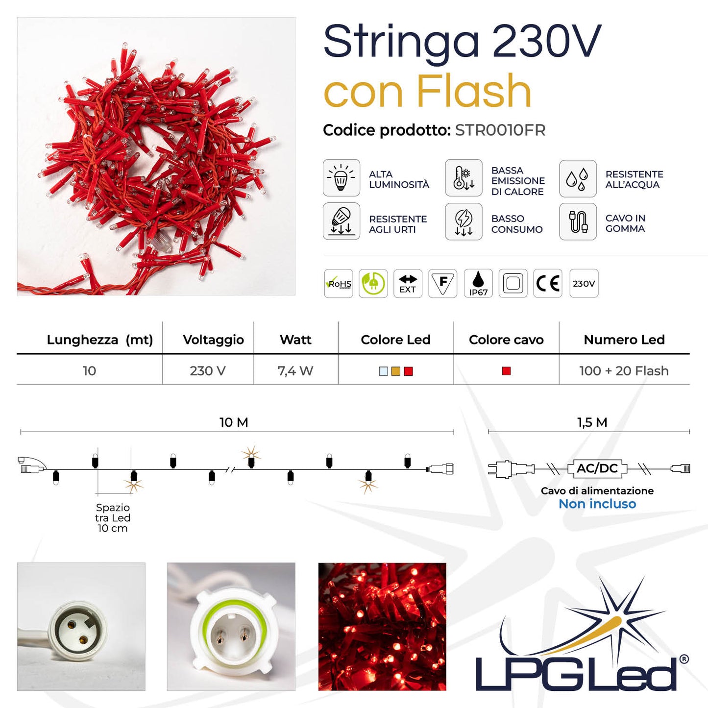 Stringa 10m 230V con flash | cavo rosso | catena 120 led (20 flash)