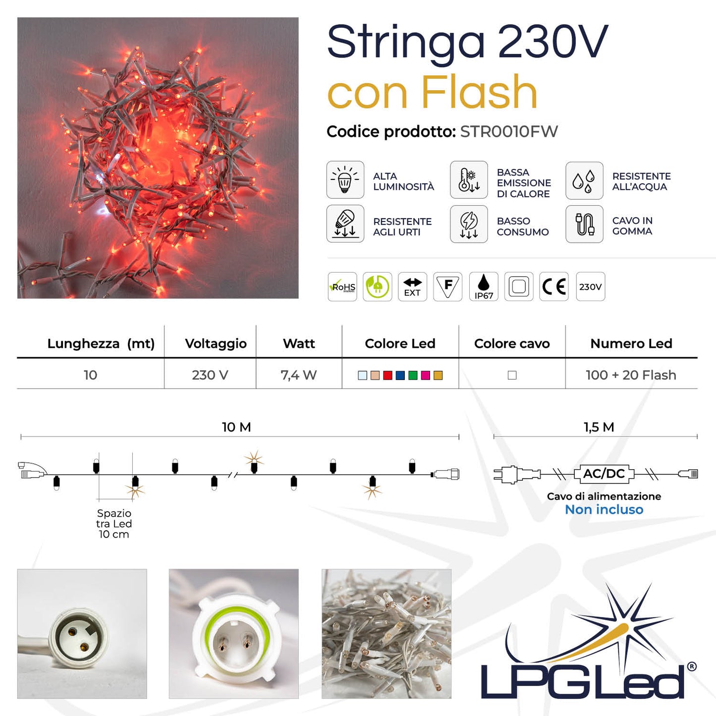 Stringa 10m 230V con flash | cavo bianco | catena 120 led (20 flash)