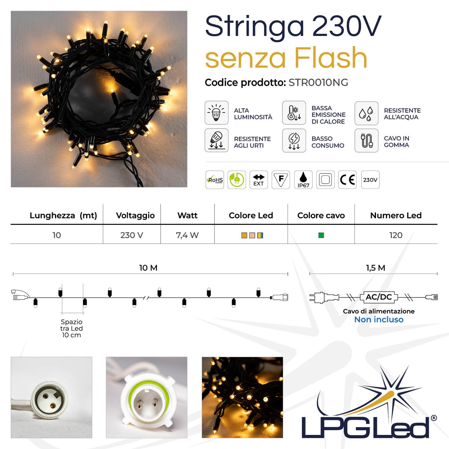 String 10m 230V without flash | green cable | 120 led chain