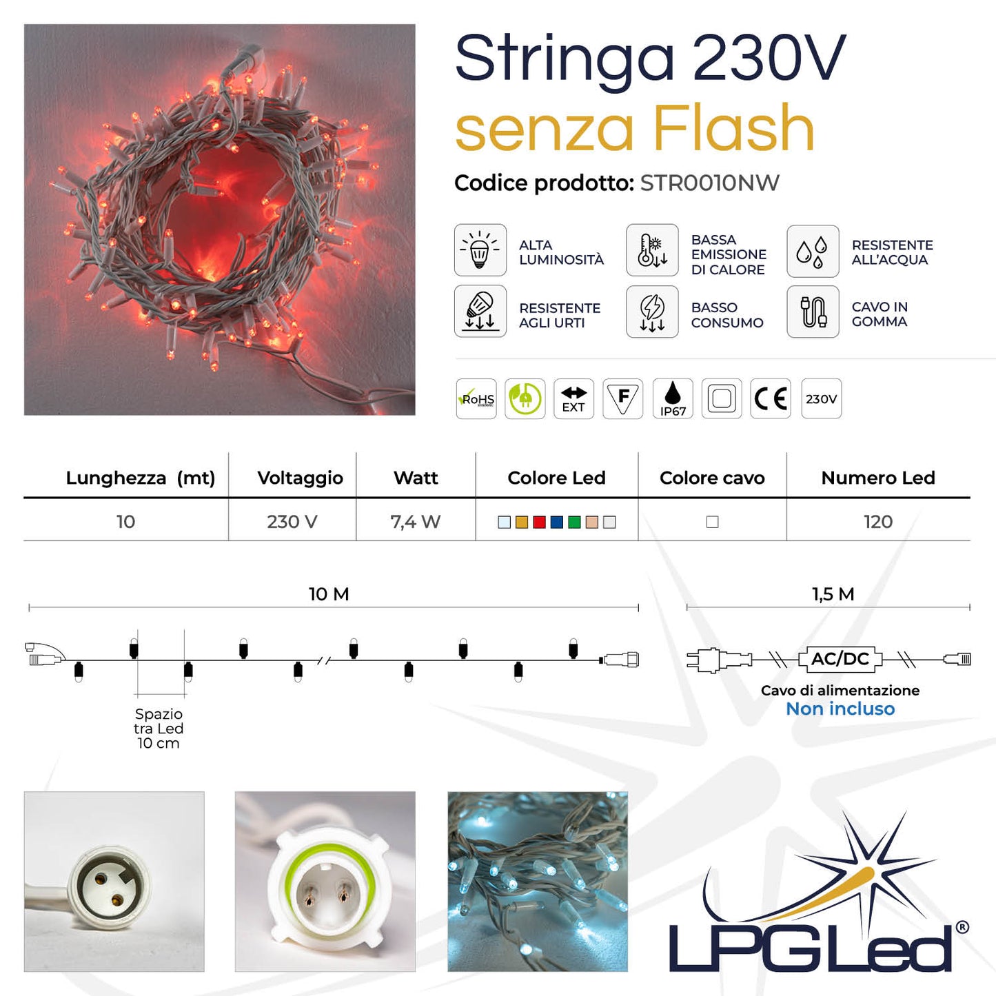 Stringa 10m 230V senza flash | cavo bianco | catena 120 led