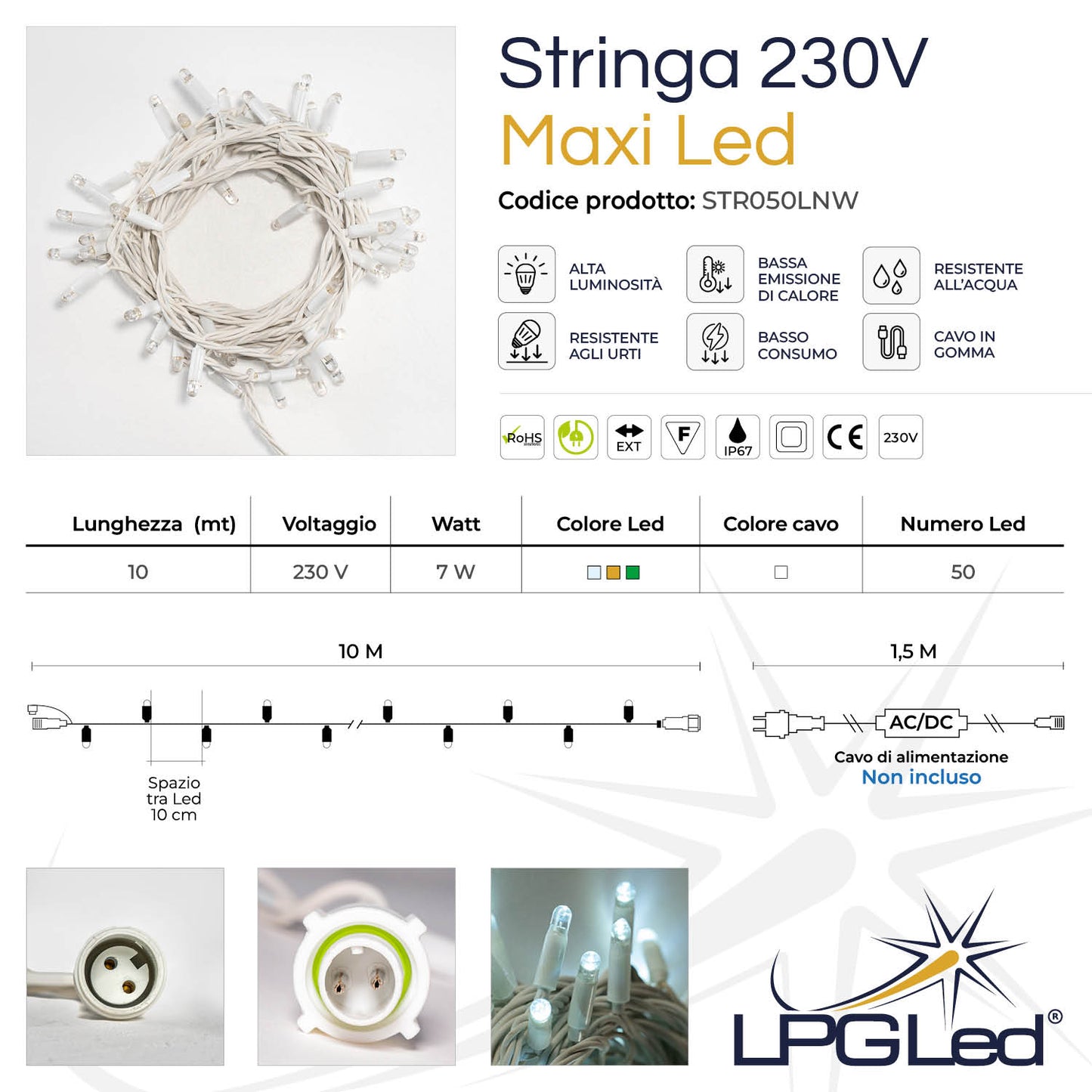 Stringa maxiled 10m 230V | catena 50 LED da 8mm | cavo bianco