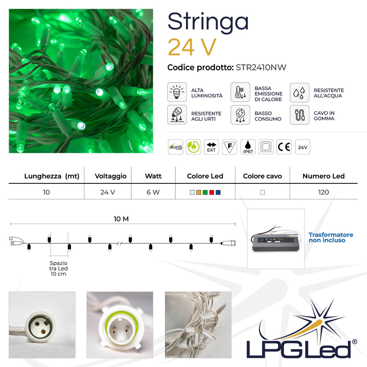 Stringa 10m 24V senza flash | cavo bianco | catena 120 led