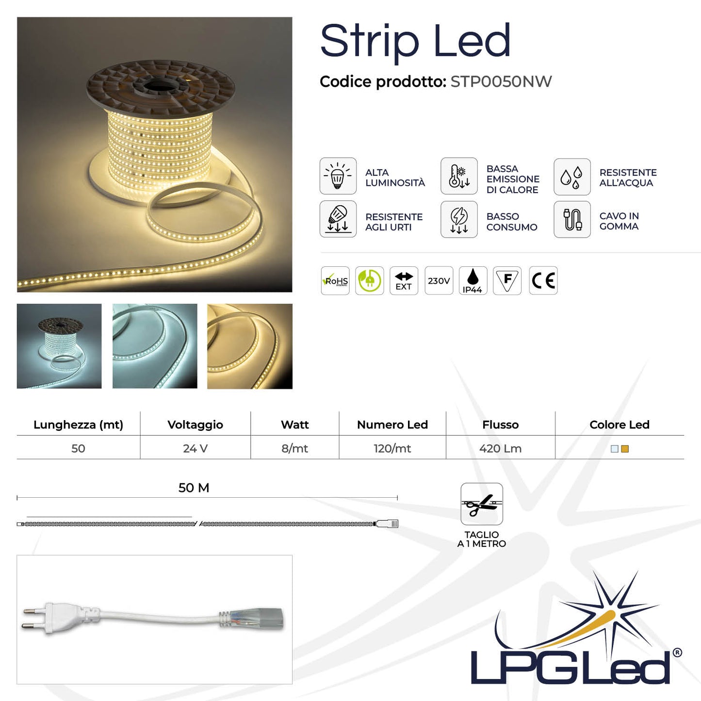 Striscia Strip led 50m 230V | 100 L/M | taglio al metro | qualità professionale