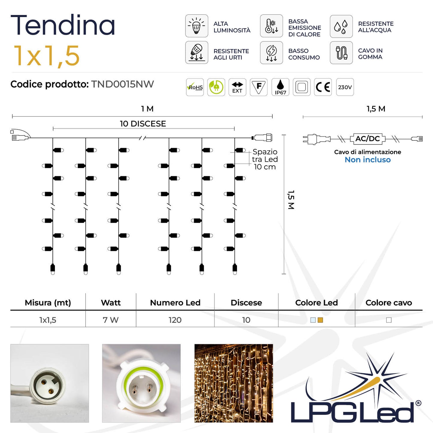 Tendina led | 1X1,5m 230V | cavo bianco | 120 led | 8 discese | 15 led/discesa