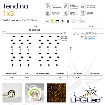 Tendina led | 1X3m 230V | cavo bianco | 300 led