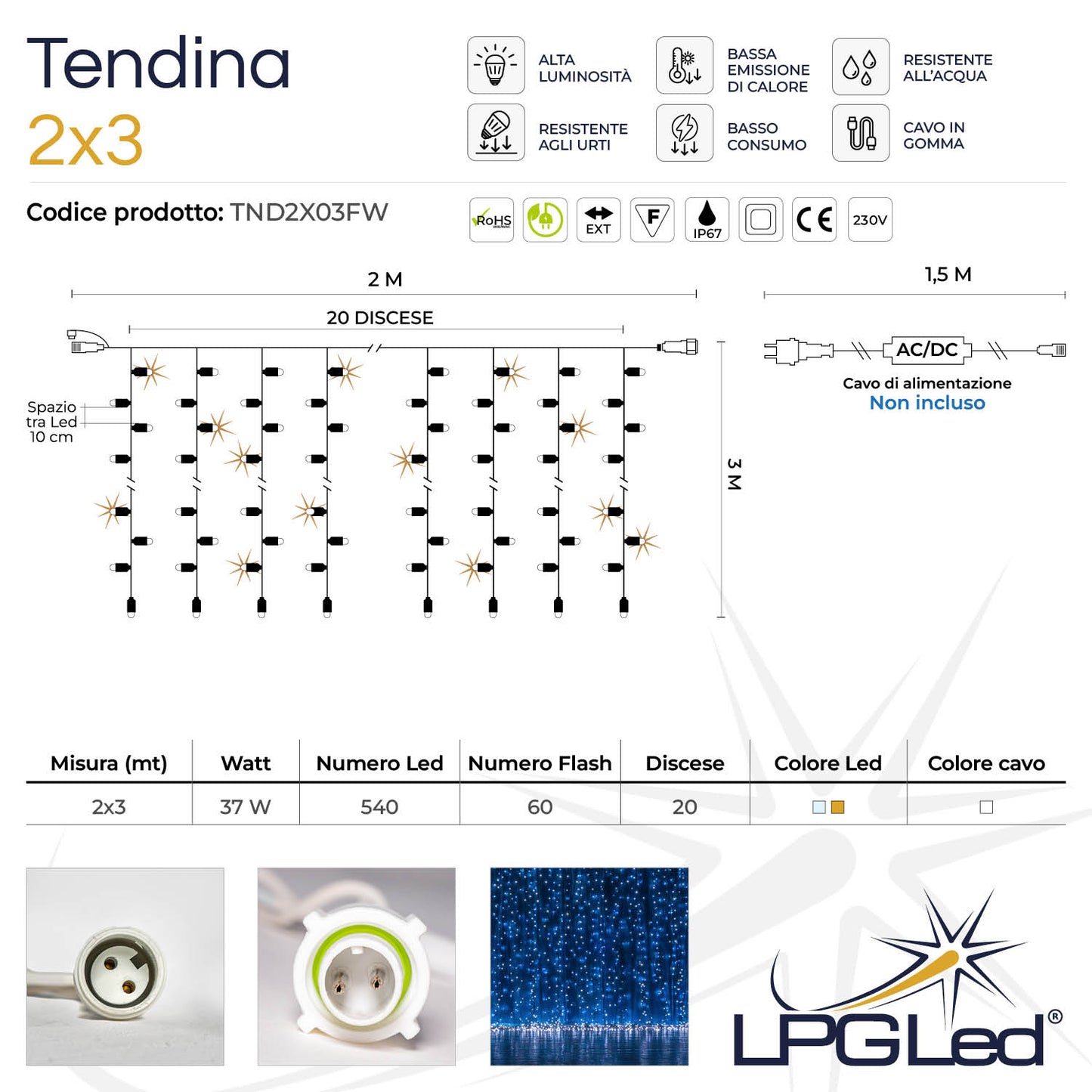 Tendina led | 2x3m 230V | cavo bianco | 600 led (60 flash)