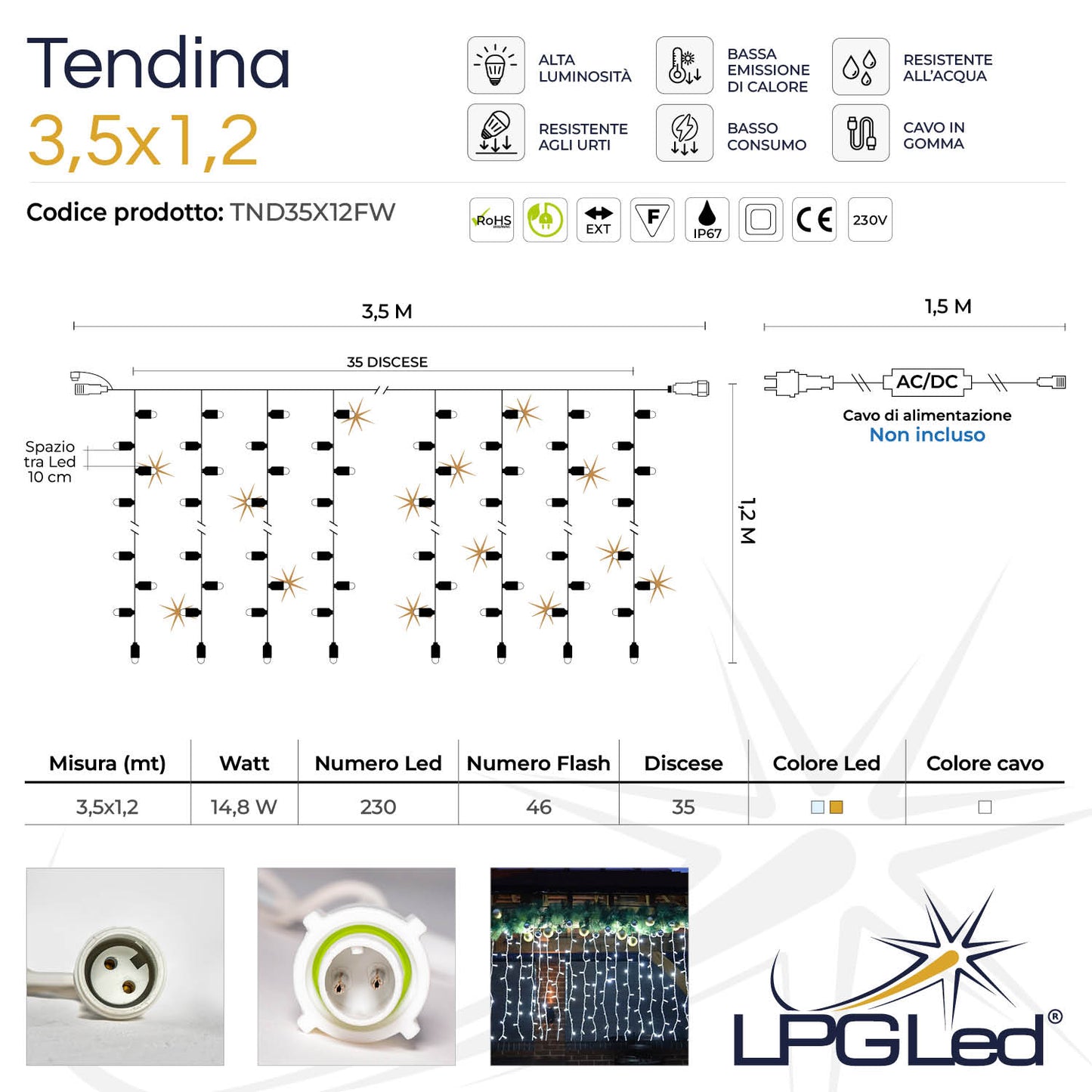 Tendina led | 3,5x1,2m 230V | cavo bianco | 276 led (46 flash)