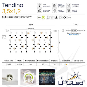 Tendina led | 3,5x1,2m 230V | cavo bianco | 276 led (46 flash)