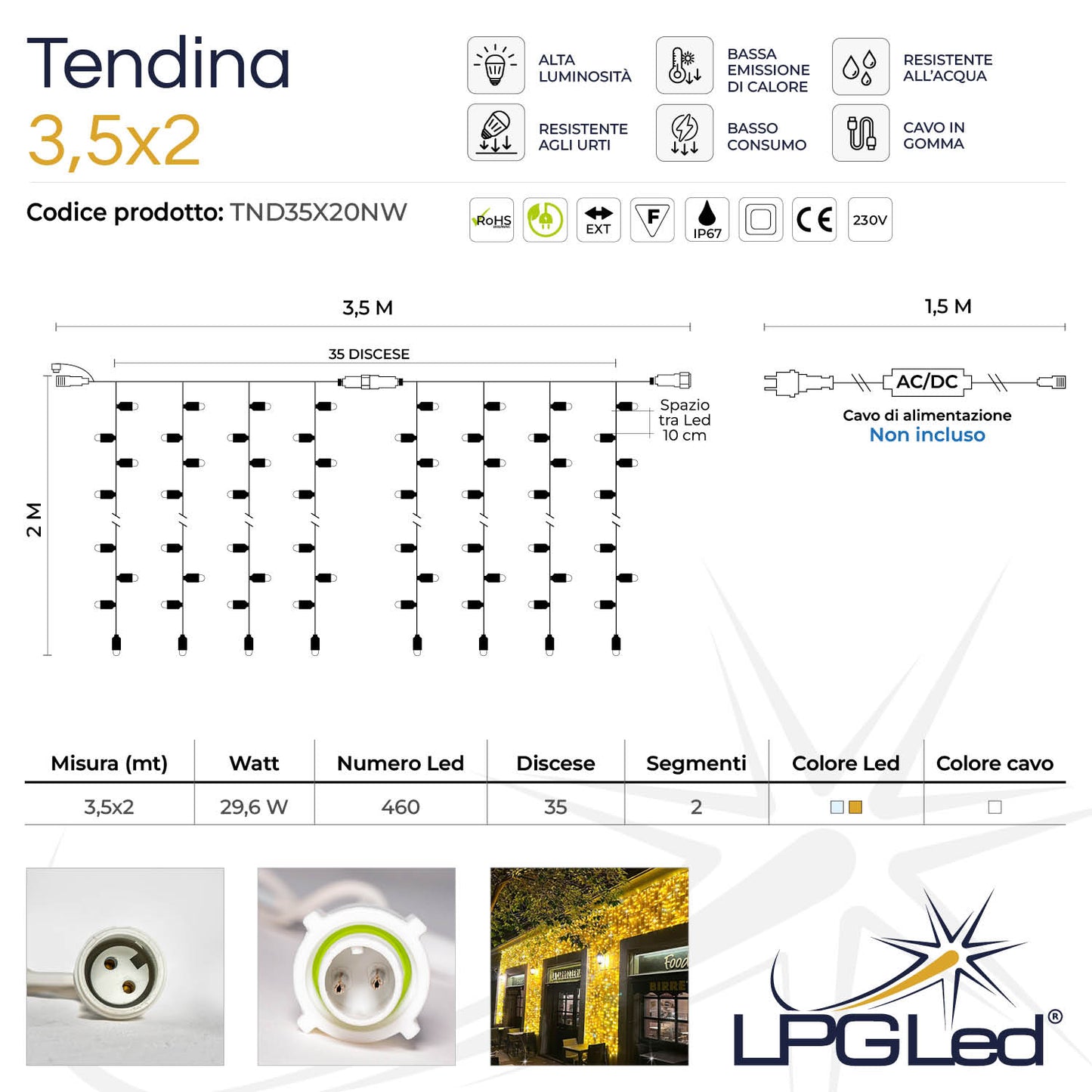 Tendina led | 3,5x2m 230V | cavo bianco | 460 led
