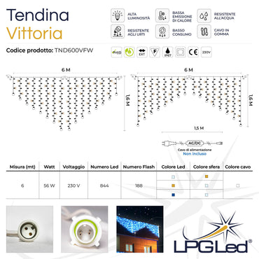 Tendina led Vittoria | 6m 230V | cavo bianco | 1032 led (188 flash)