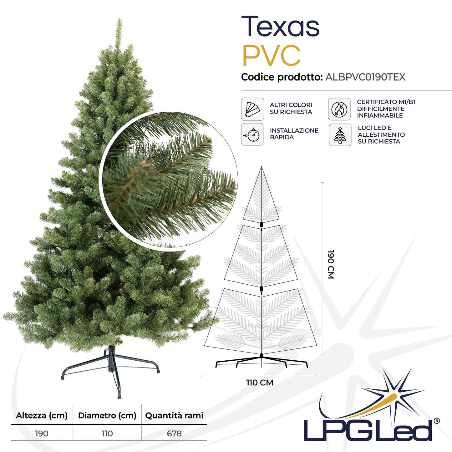 Albero di Natale artificiale PVC | TEXAS | da 190cm | rami 678