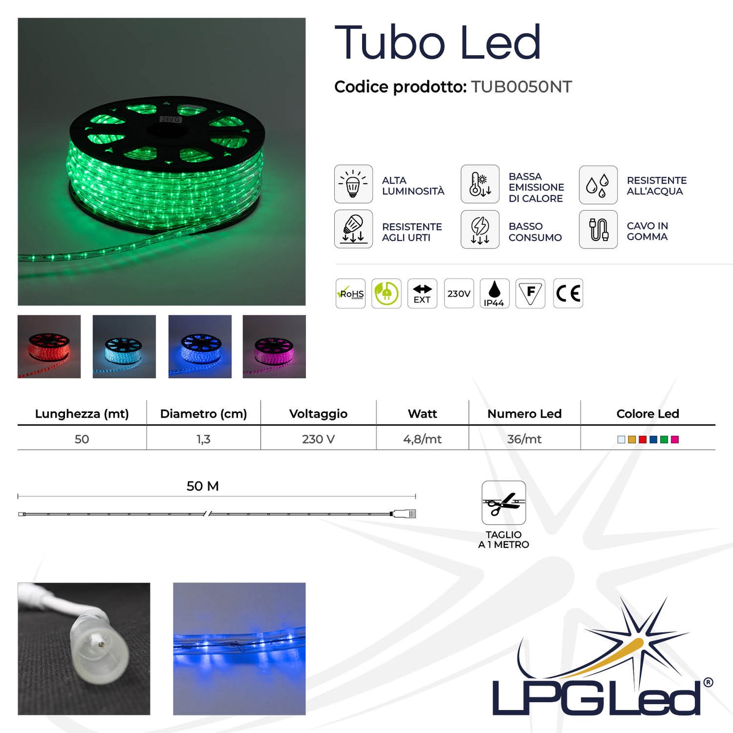 Tubo Led 50m 230V | 36led/m | taglio al metro | IP44