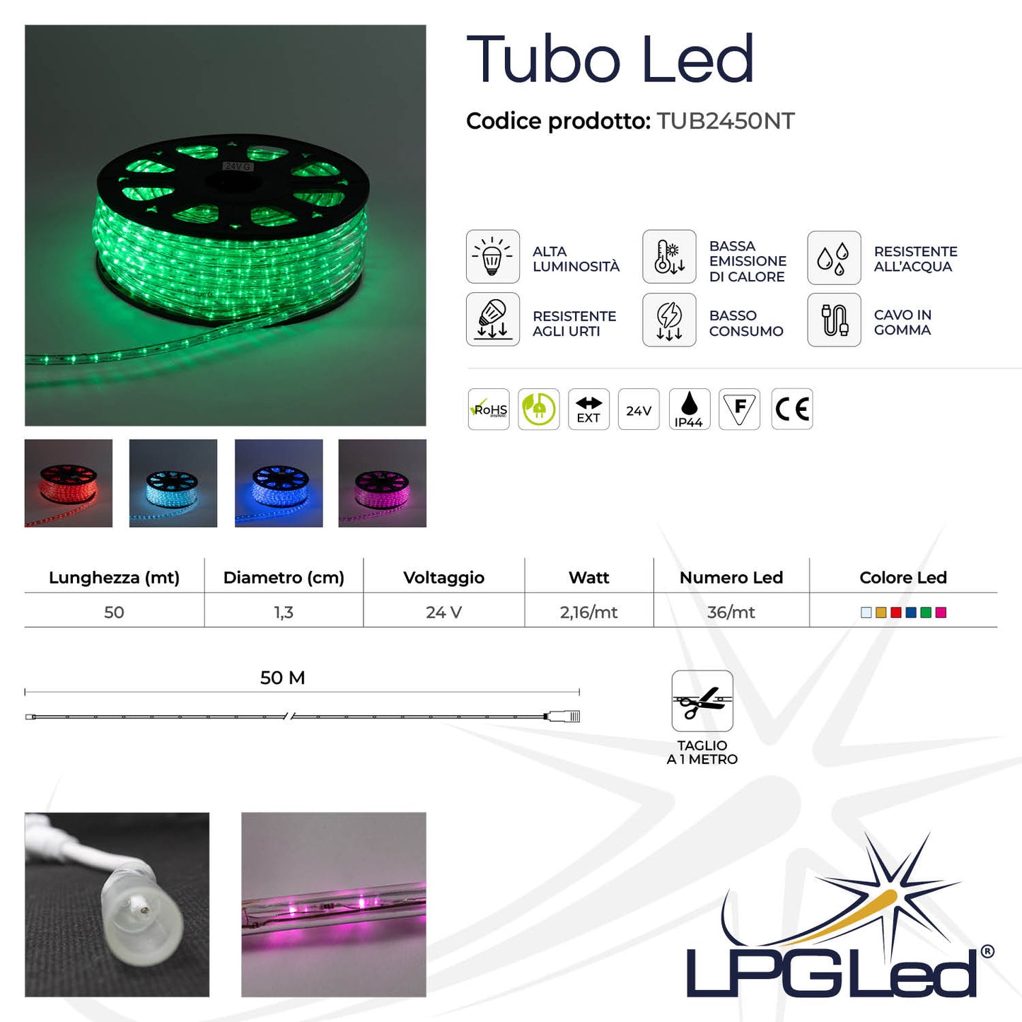 Tubo Led 50m 24V | 36led/m | taglio al metro | IP44