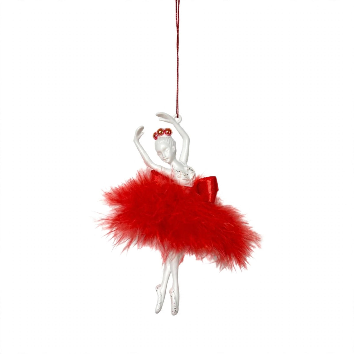 Ballerina di Natale in Abito di Piume, Ornamento Elegante per Albero Natalizio, colore Rosso – ornamenti natalizi Merry Worlds, foto 5