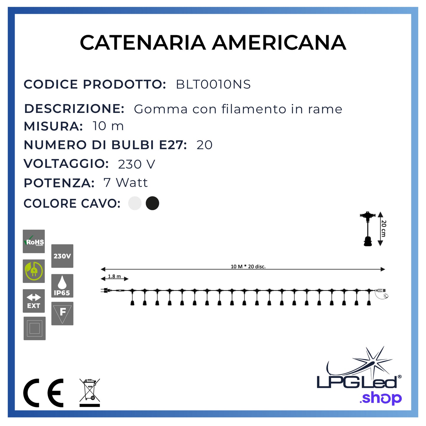 Catenaria luminosa americana luci led | 10m E27 | da esterno | LAMPADINE NON INCLUSE