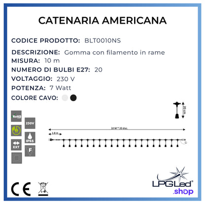 Catenaria luminosa americana luci led | 10m E27 | da esterno | LAMPADINE NON INCLUSE