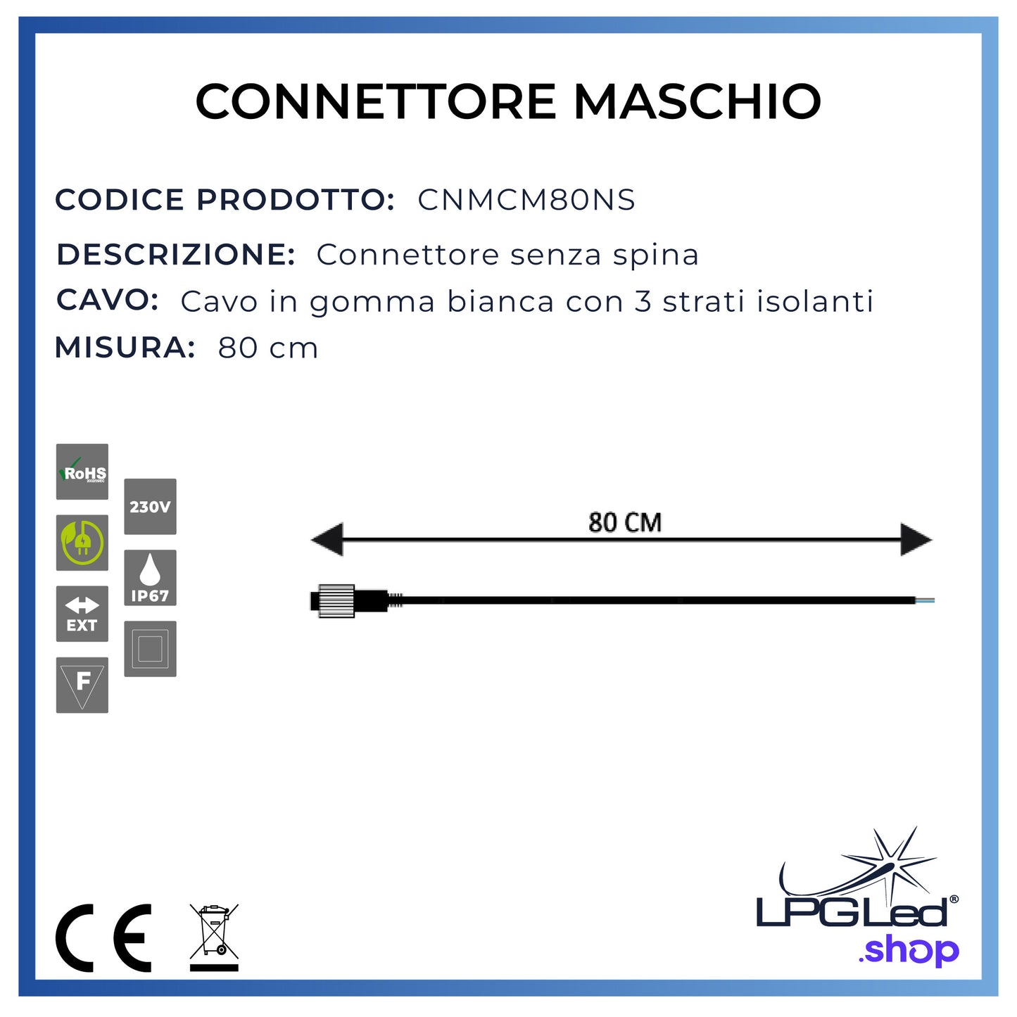 Connettore maschio per luci led | 80cm | IP67