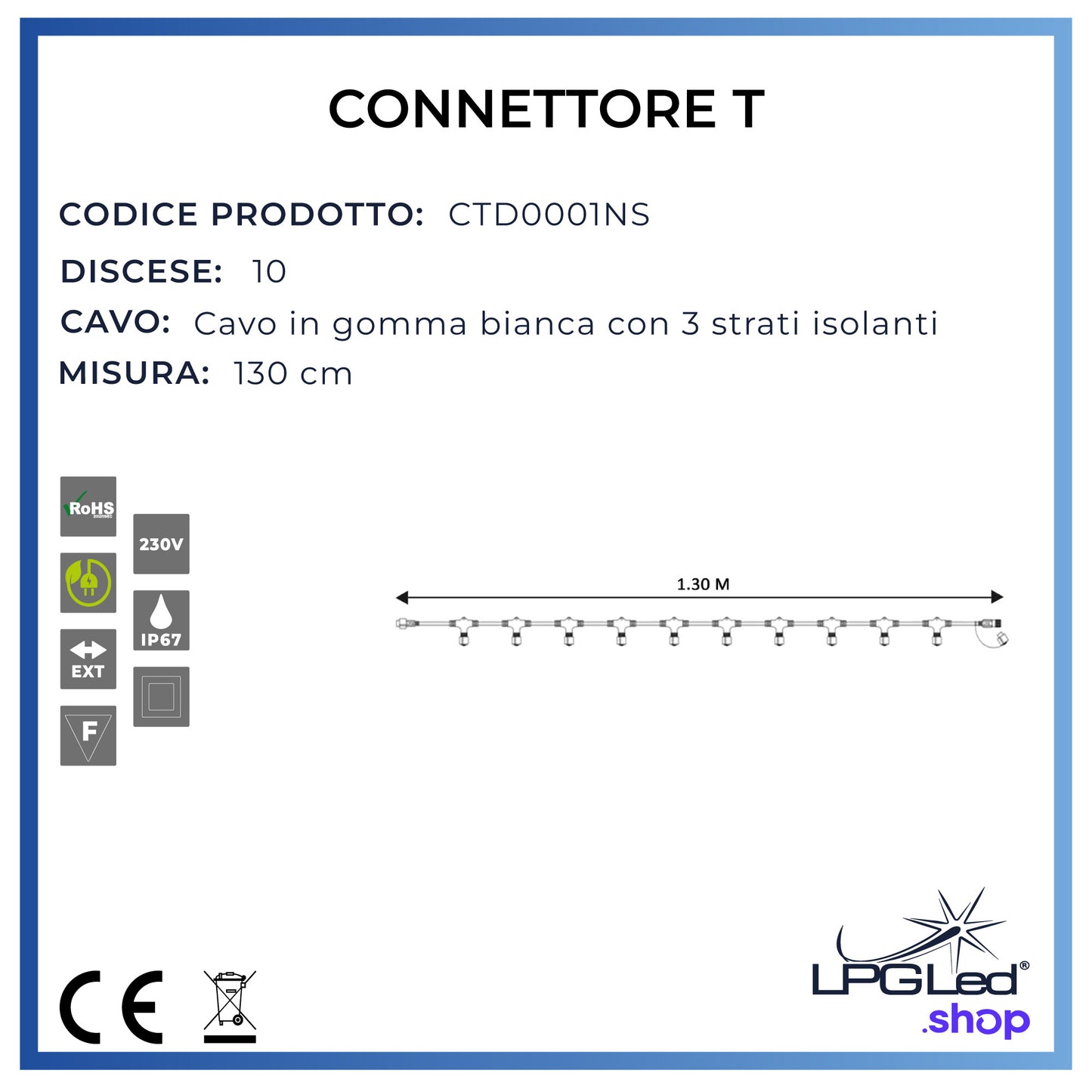 Connettore a T per luci led | 130cm | 10 discese | IP67