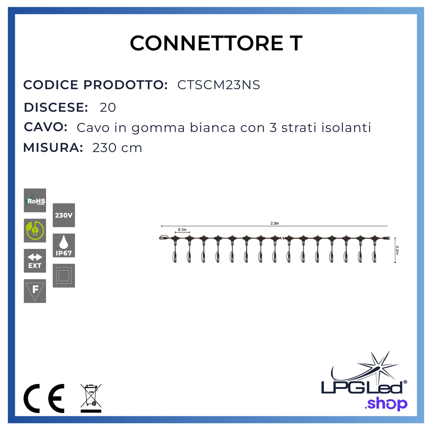 Connettore a T per luci led | 230cm | 20 discese | IP67