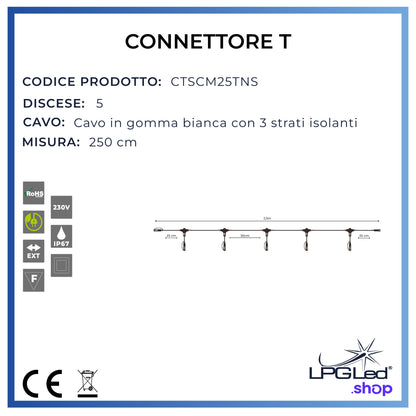 Connettore a T per luci led | 250cm | 5 discese | IP67