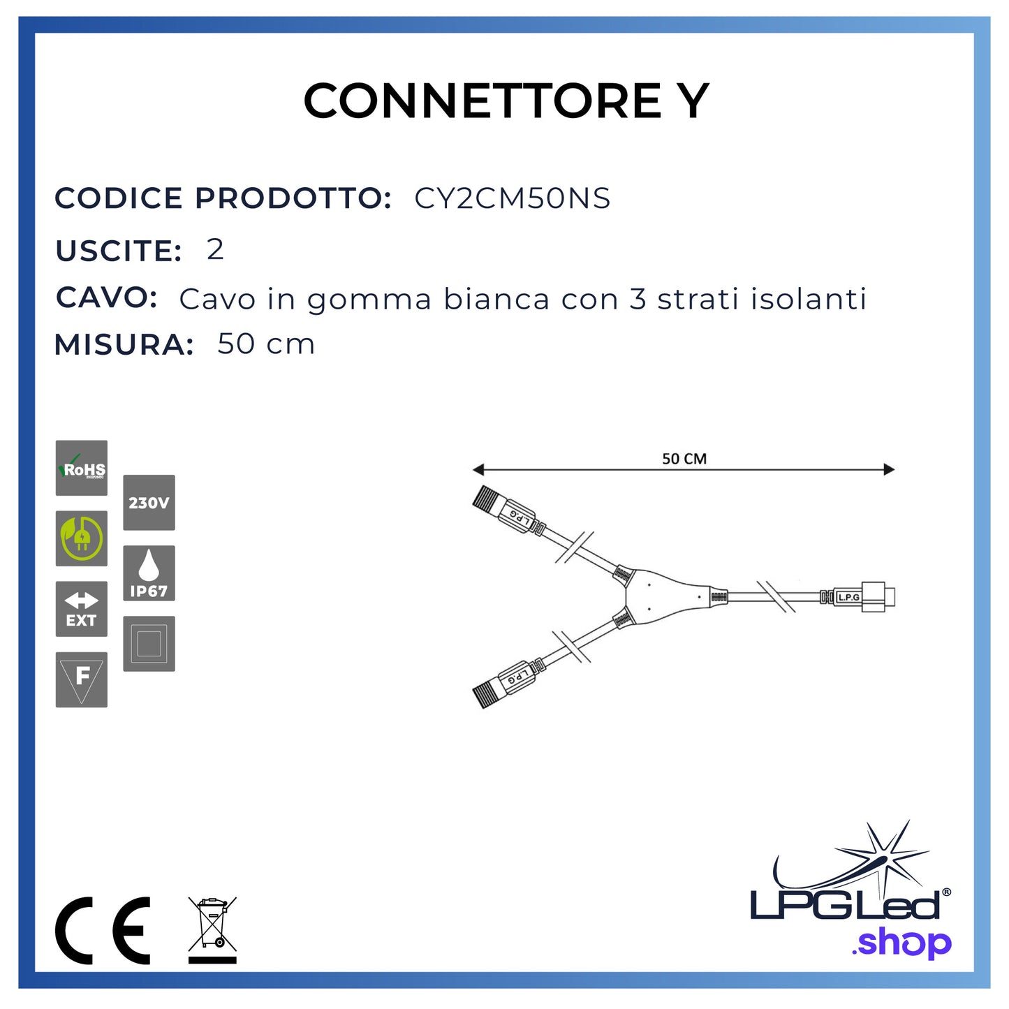 Y connector for led lights | 50cm | with 2 outlets | IP67