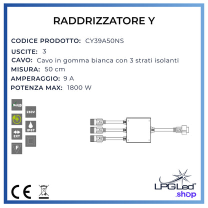 Raddrizzatore a Y per luci led | 50cm | 3 uscite | 9A | IP67