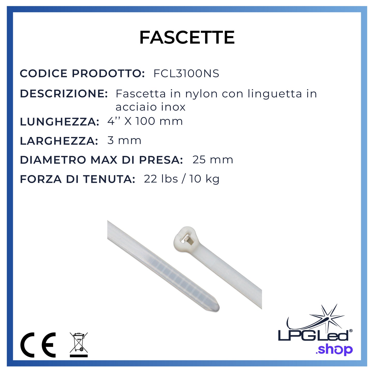 Fascette in nylon per cablaggio | linguetta in acciaio inox | 3x100mm | confezione da 100pz