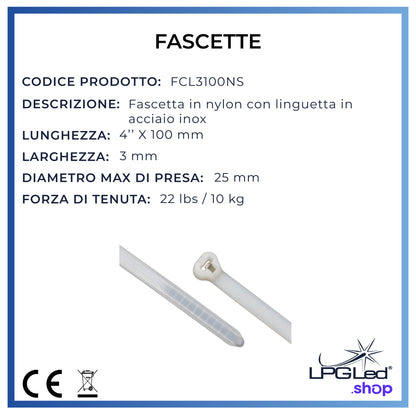 Fascette in nylon per cablaggio | linguetta in acciaio inox | 3x100mm | confezione da 100pz