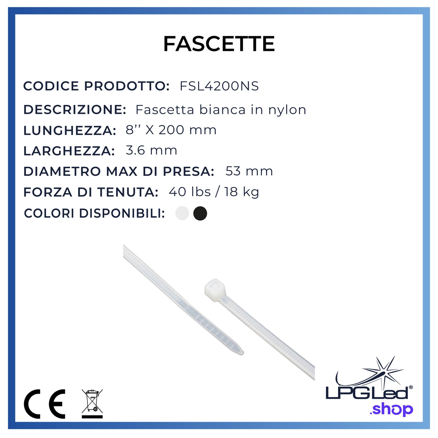 Fascette in nylon per cablaggio | 4x200mm | confezione da 100pz