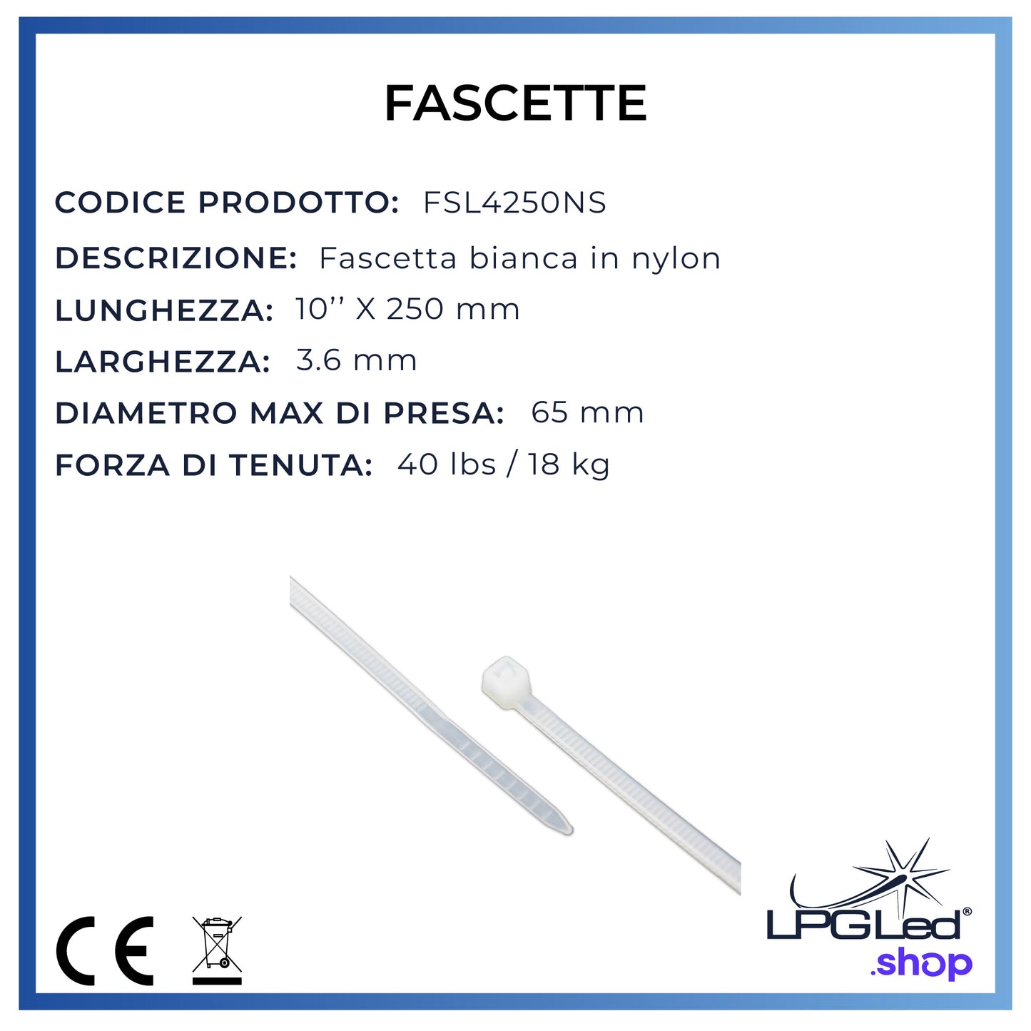 Fascette in nylon per cablaggio | 4x250mm | confezione da 100pz | bianche