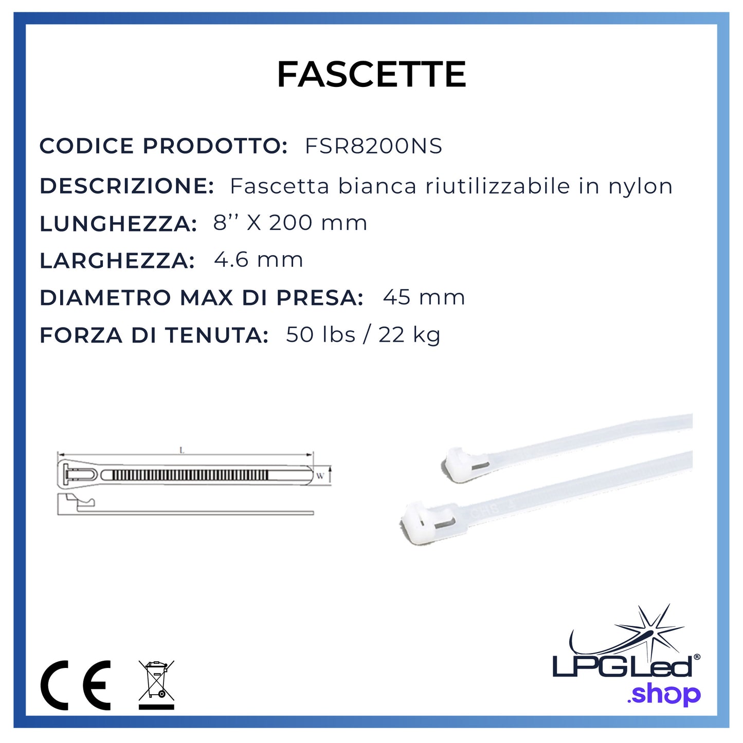 Fascette in nylon per cablaggio | RIUTILIZZABILI | 4x200mm | confezione da 100pz | bianche