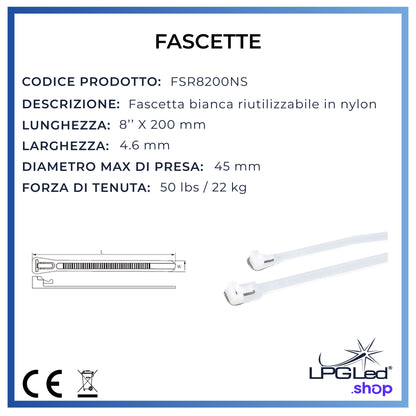 Fascette in nylon per cablaggio | RIUTILIZZABILI | 4x200mm | confezione da 100pz | bianche