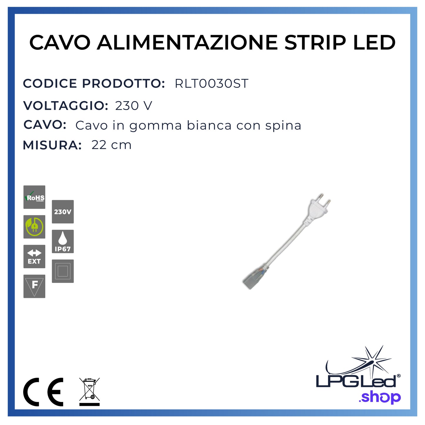 Cavo di alimentazione per striscia strip led | 22cm | con spina | IP65