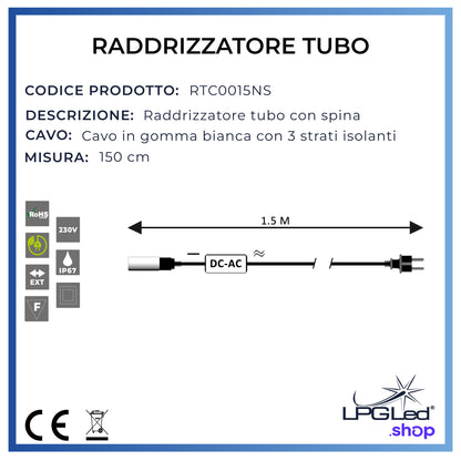 Raddrizzatore per tubo led | 1,5m | Ø 13mm | bianco con spina | IP44