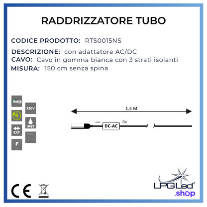 Raddrizzatore per tubo led | 1,5m | Ø 13mm | bianco senza spina | IP44