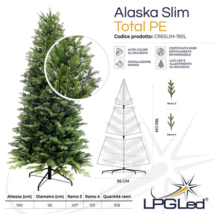 Albero di Natale artificiale TOTAL PE | ALASKA SLIM | altezza 190cm - diametro 95cm - rami 518