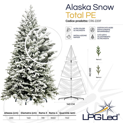 Albero di Natale innevato TOTAL PE | ALASKA SNOW | altezza 220cm - diametro 140cm - rami 1.141