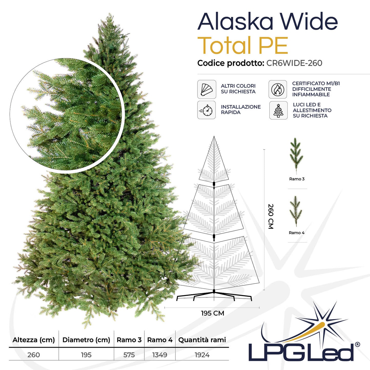 Albero di Natale artificiale TOTAL PE | ALASKA WIDE | altezza 260cm - diametro 195cm - rami 1.924