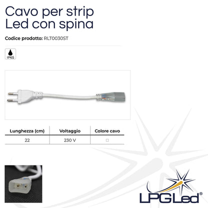 Power cable for LED strip strip | 22cm | with plug | IP65