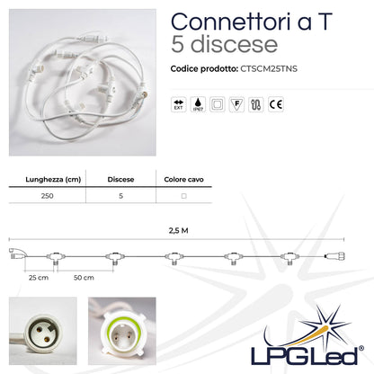 Connettore a T per luci led | 250cm | 5 discese | IP67