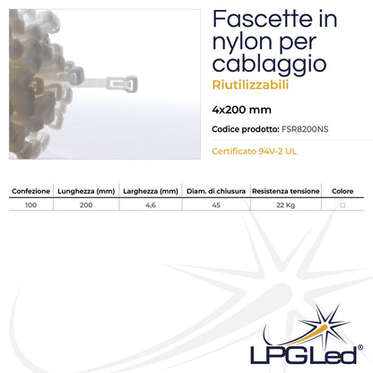Fascette in nylon per cablaggio | RIUTILIZZABILI | 4x200mm | confezione da 100pz | bianche