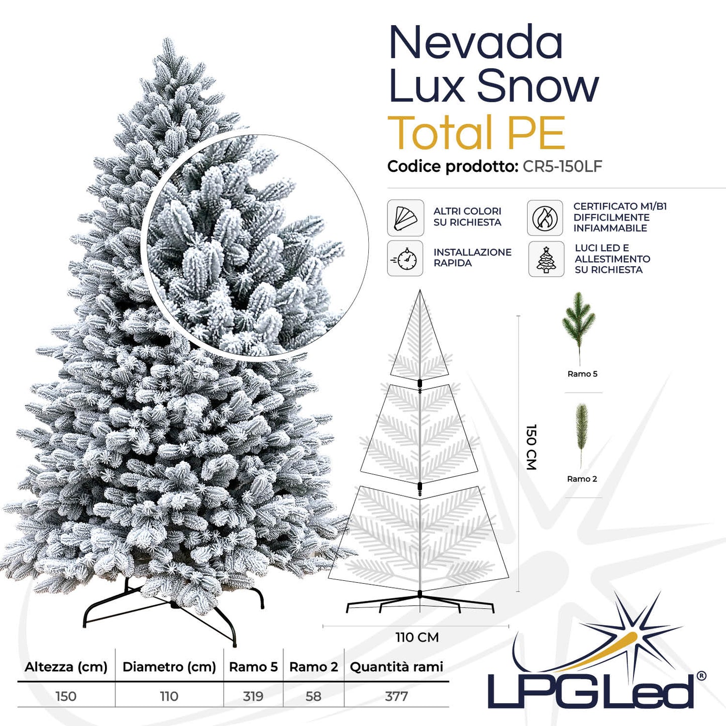 Albero di Natale innevato TOTAL PE | NEVADA LUX SNOW | altezza 150cm - diametro 110cm - rami 377