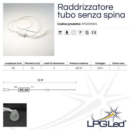 LED tube rectifier | 1.5m | Ø 13mm | white without plug | IP44