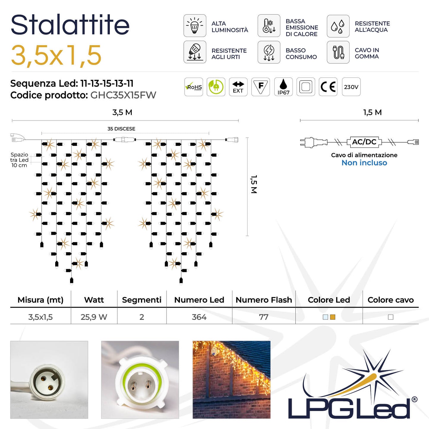 Tendina ghiacciolo led | 3,5x1,5m 230V con flash | cavo bianco | stalattite con 441 led (77 flash)