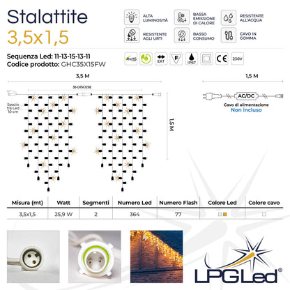 Tendina ghiacciolo led | 3,5x1,5m 230V con flash | cavo bianco | stalattite con 441 led (77 flash)