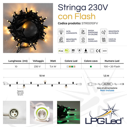 String 10m 230V with flash | green cable | 120 LED chain (20 flashes)